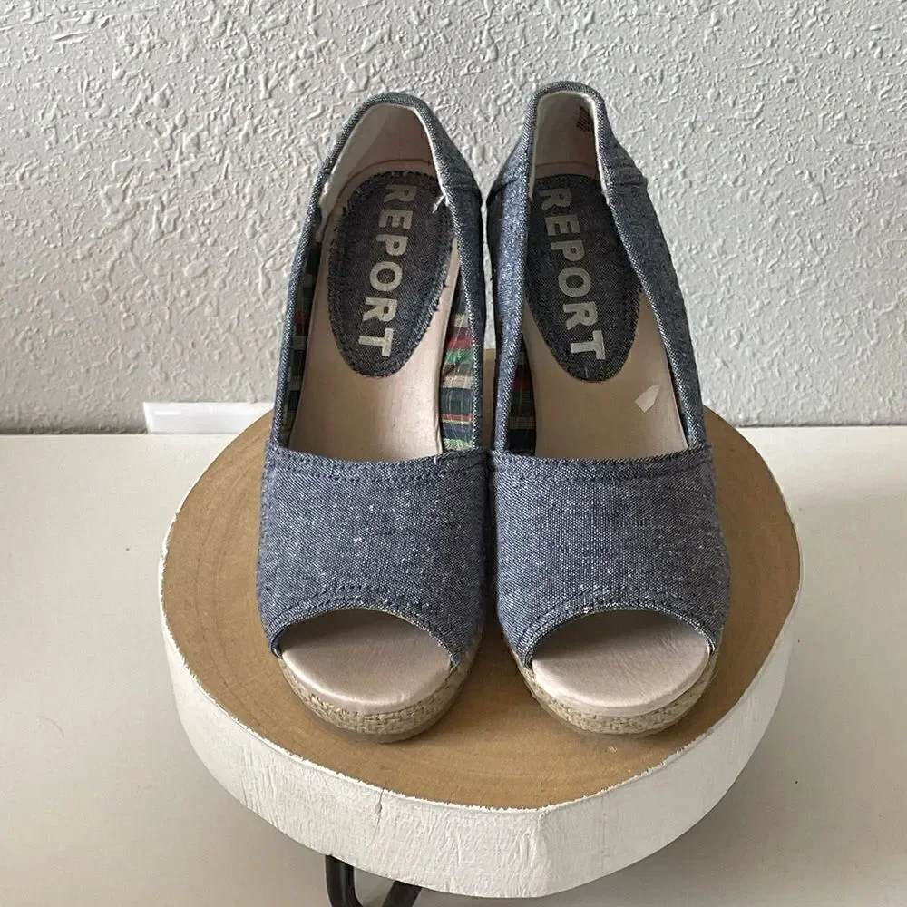 EUC Report Womens Denim Open Toed Wedge Sandals Size 5